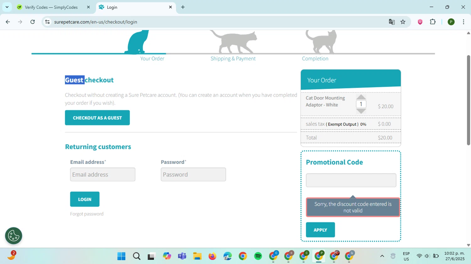Sure Petcare promo code screenshot showing code SURE10 applied at Sure Petcare checkout page. Uploaded by SimplyCodes community member ThriftySpotter5396 on Jun 28, 2025