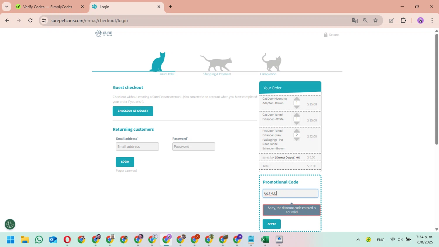 Sure Petcare promo code screenshot showing code GETFED applied at Sure Petcare checkout page. Uploaded by SimplyCodes community member MariAPB on Aug 8, 2025
