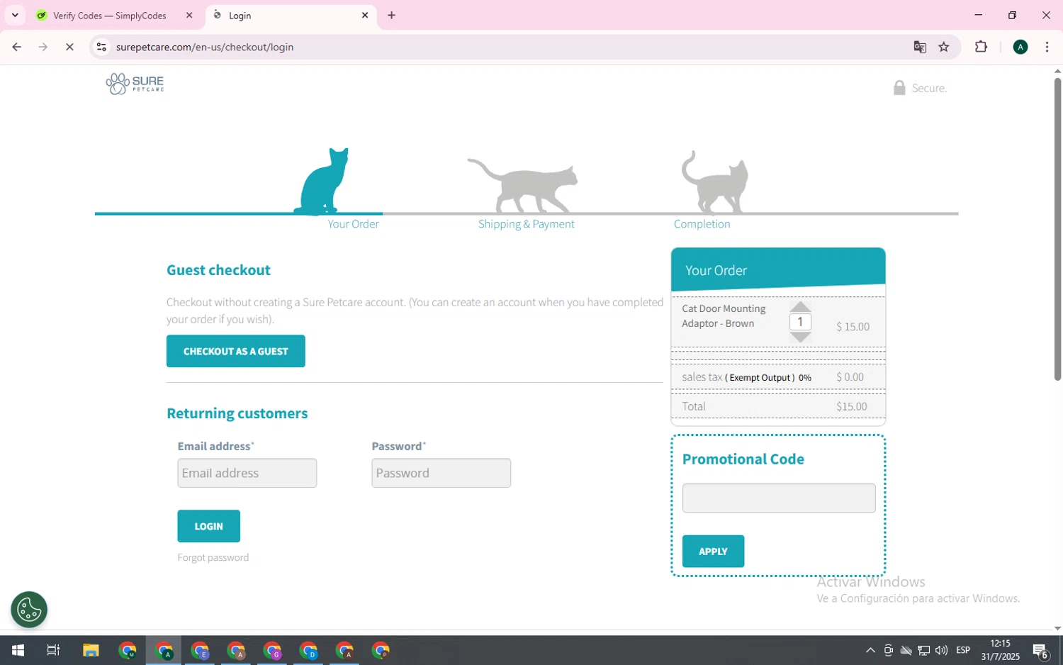 Sure Petcare promo code screenshot showing code GETFED applied at Sure Petcare checkout page. Uploaded by SimplyCodes community member PennyCurator1095 on Jul 31, 2025