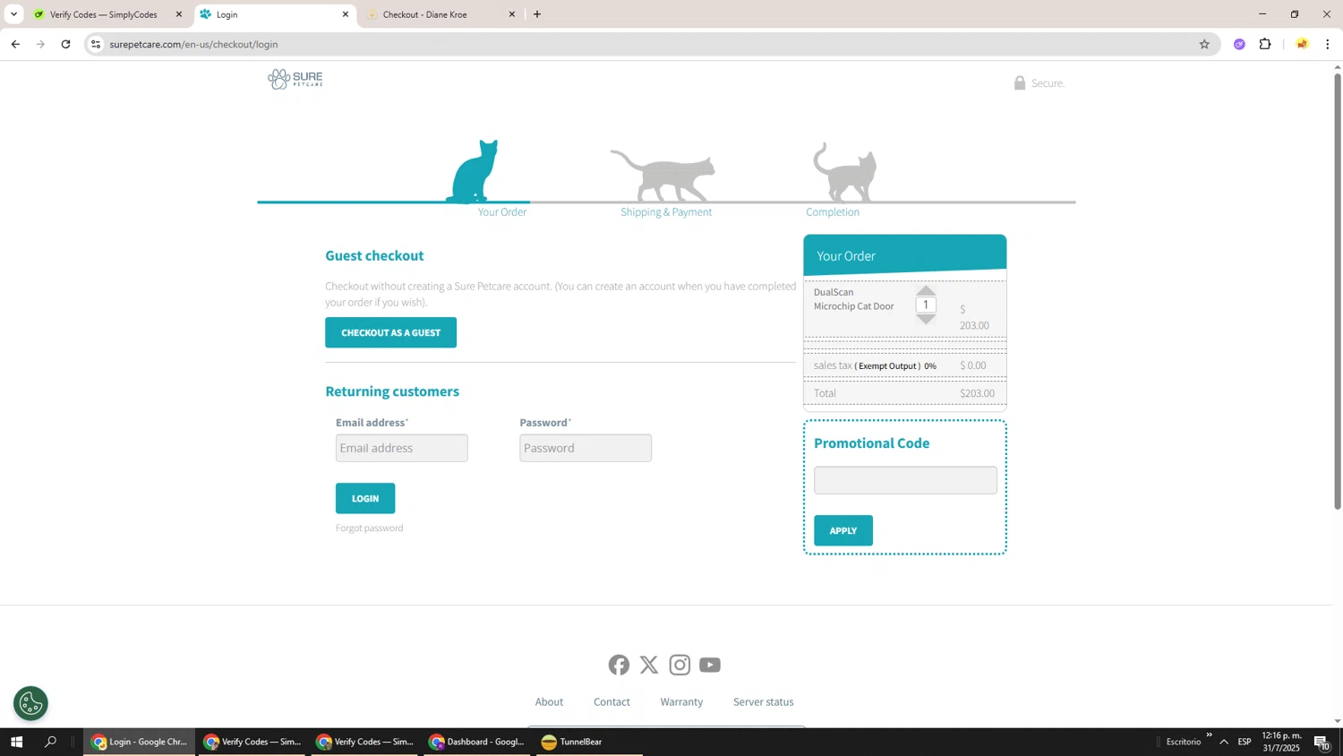 Sure Petcare promo code screenshot showing code GETFED applied at Sure Petcare checkout page. Uploaded by SimplyCodes community member Richard251 on Jul 31, 2025