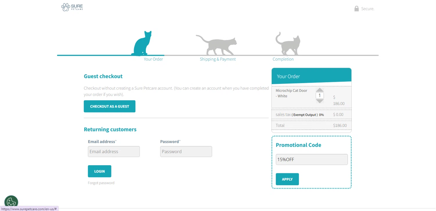 Sure Petcare promo code screenshot showing code 15%OFF applied at Sure Petcare checkout page. Uploaded by SimplyCodes community member TOTONEROFL on Oct 20, 2025
