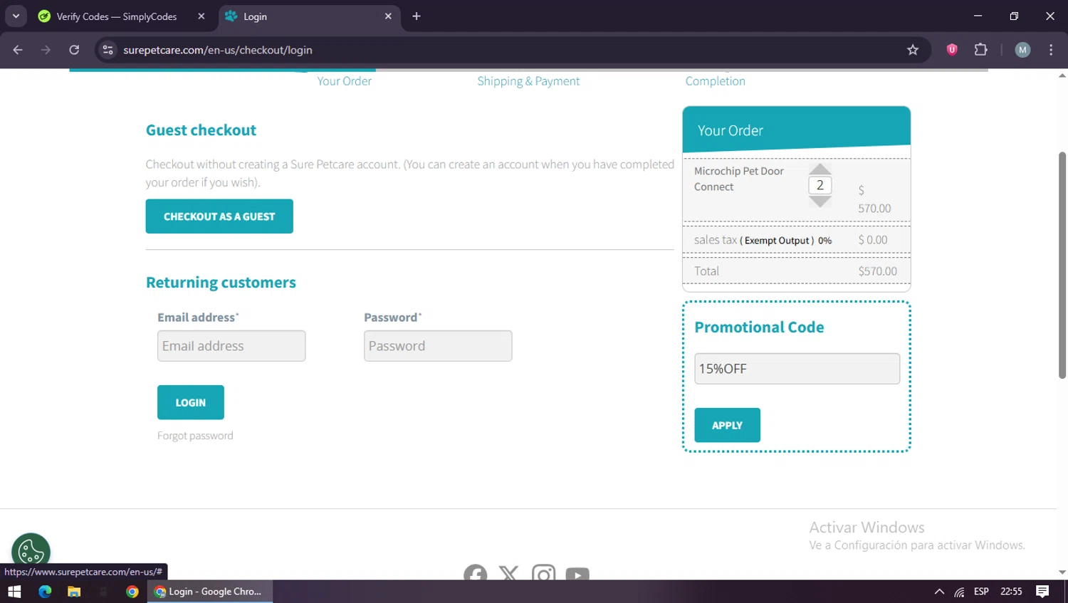Sure Petcare promo code screenshot showing code 15%OFF applied at Sure Petcare checkout page. Uploaded by SimplyCodes community member maraxo on Oct 20, 2025