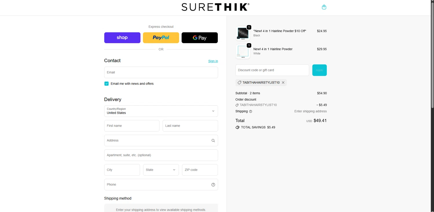 SureThik promo code screenshot showing code TABITHAHAIRSTYLIST10 applied at SureThik checkout page. Uploaded by SimplyCodes community member CouponPro7532 on Nov 27, 2025
