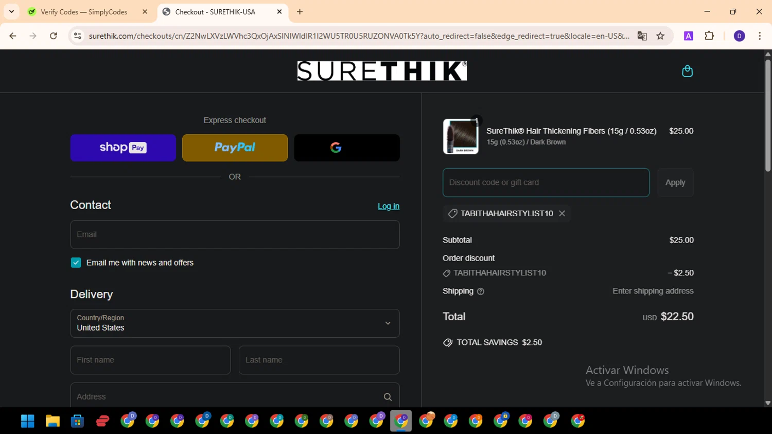 SureThik promo code screenshot showing code TABITHAHAIRSTYLIST10 applied at SureThik checkout page. Uploaded by SimplyCodes community member MagnificentFinder9583 on Apr 23, 2025