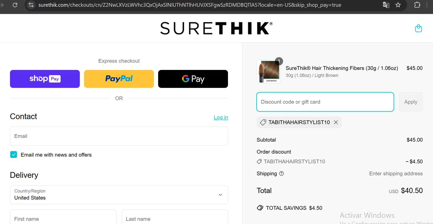 SureThik promo code screenshot showing code TABITHAHAIRSTYLIST10 applied at SureThik checkout page. Uploaded by SimplyCodes community member RoyalCurator8293 on Apr 23, 2025