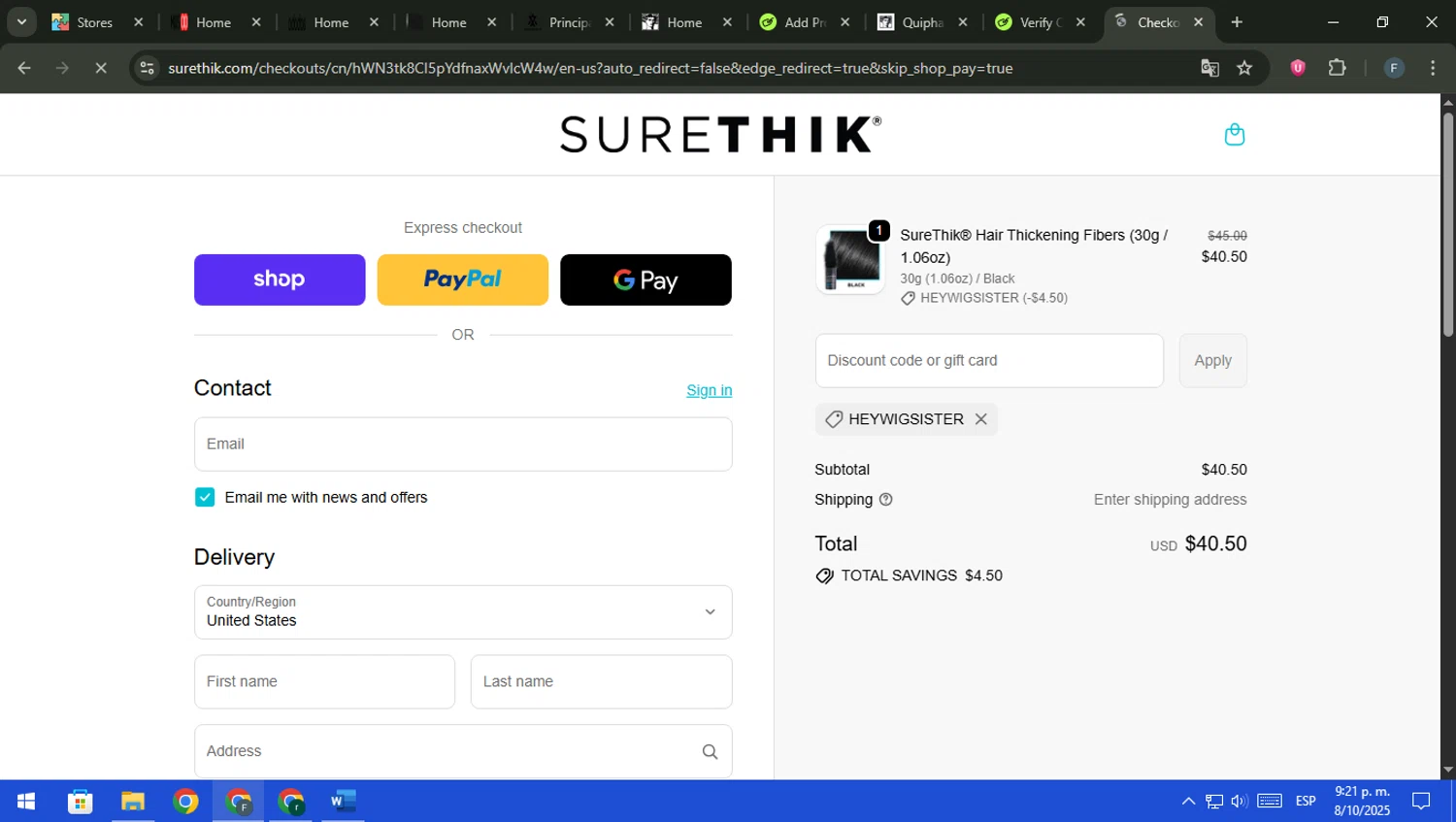 SureThik promo code screenshot showing code HEYWIGSISTER applied at SureThik checkout page. Uploaded by SimplyCodes community member pajarito on Oct 9, 2025