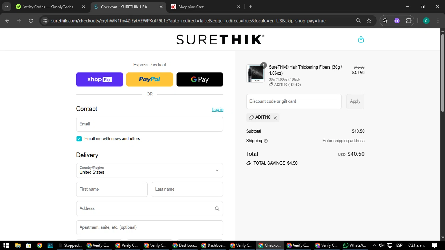 SureThik promo code screenshot showing code Aditi10 applied at SureThik checkout page. Uploaded by SimplyCodes community member LuckyDefender9428 on Aug 11, 2025