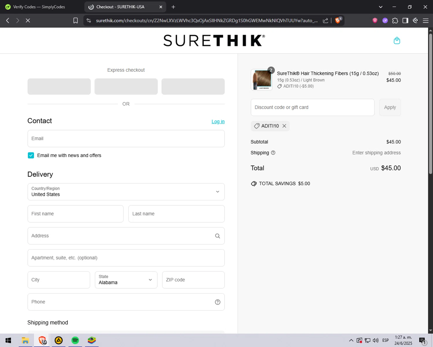 SureThik promo code screenshot showing code Aditi10 applied at SureThik checkout page. Uploaded by SimplyCodes community member explorerr_exe on Jun 24, 2025
