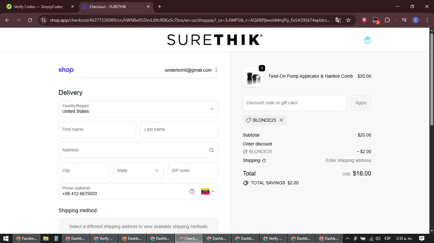 SureThik promo code screenshot showing code BLONDE25 applied at SureThik checkout page. Uploaded by SimplyCodes community member snidertom8 on Feb 11, 2026