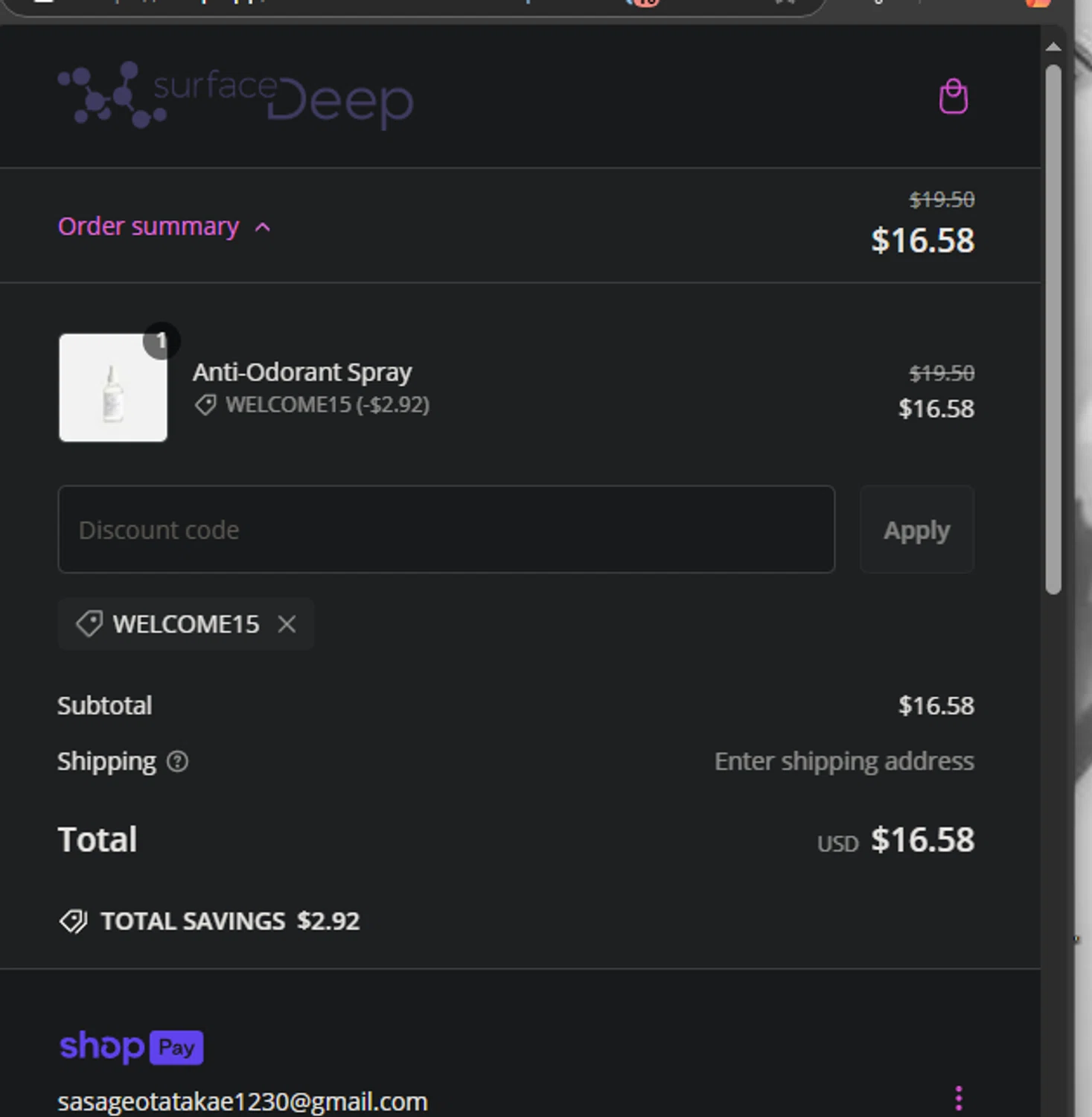 Surface Deep promo code screenshot showing code WELCOME15 applied at Surface Deep checkout page. Uploaded by SimplyCodes community member Gianpiero on Feb 17, 2025