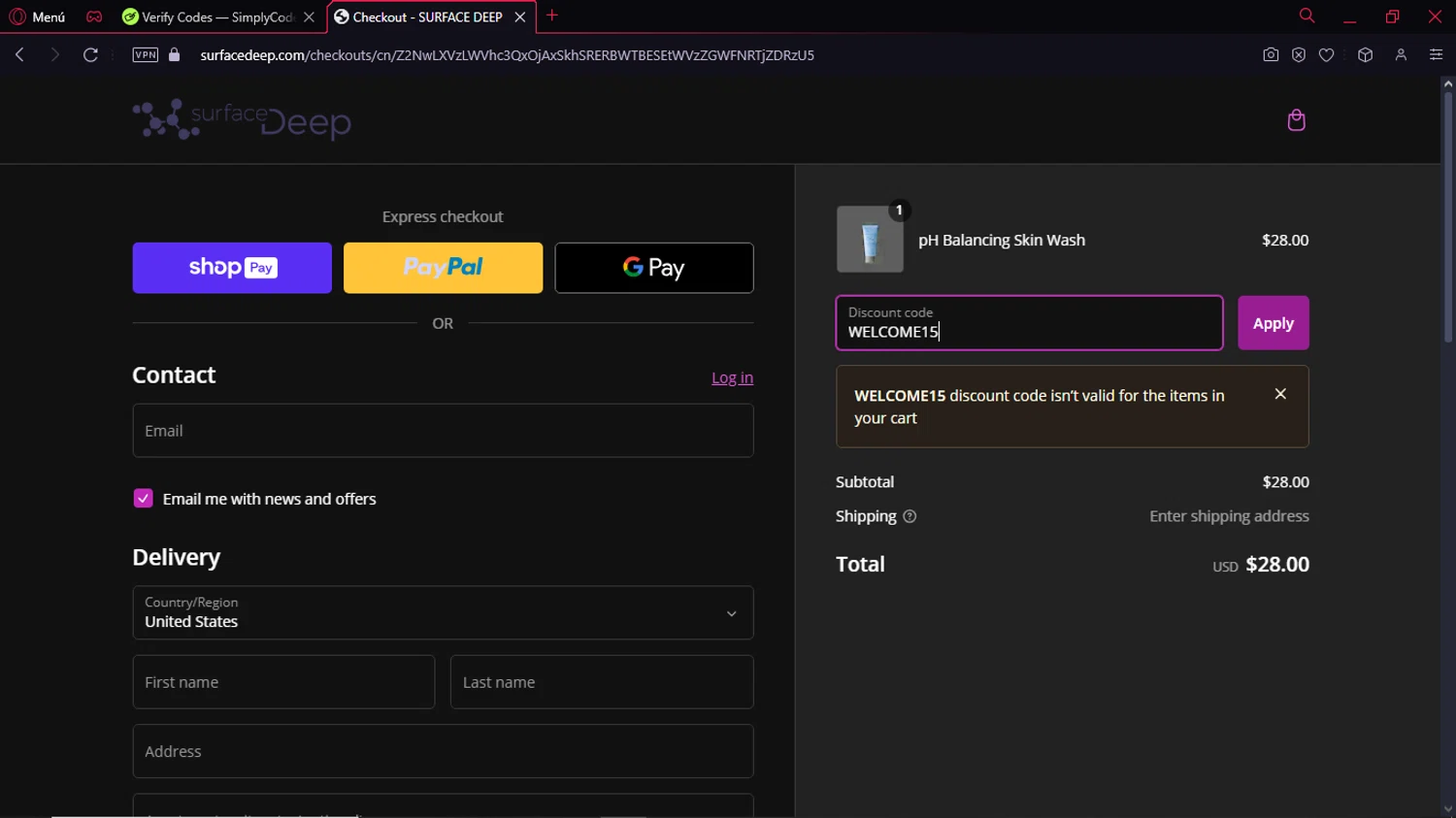 Surface Deep promo code screenshot showing code WELCOME15 applied at Surface Deep checkout page. Uploaded by SimplyCodes community member Gabrielpato on Jan 16, 2025