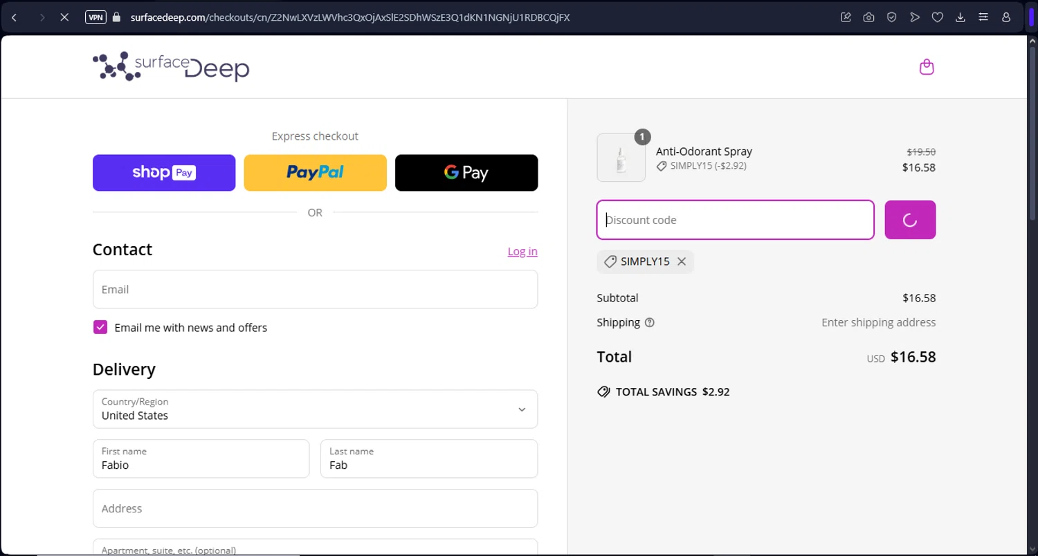 Surface Deep promo code screenshot showing code SIMPLY15 applied at Surface Deep checkout page. Uploaded by SimplyCodes community member FrugalFox6593 on Mar 25, 2025