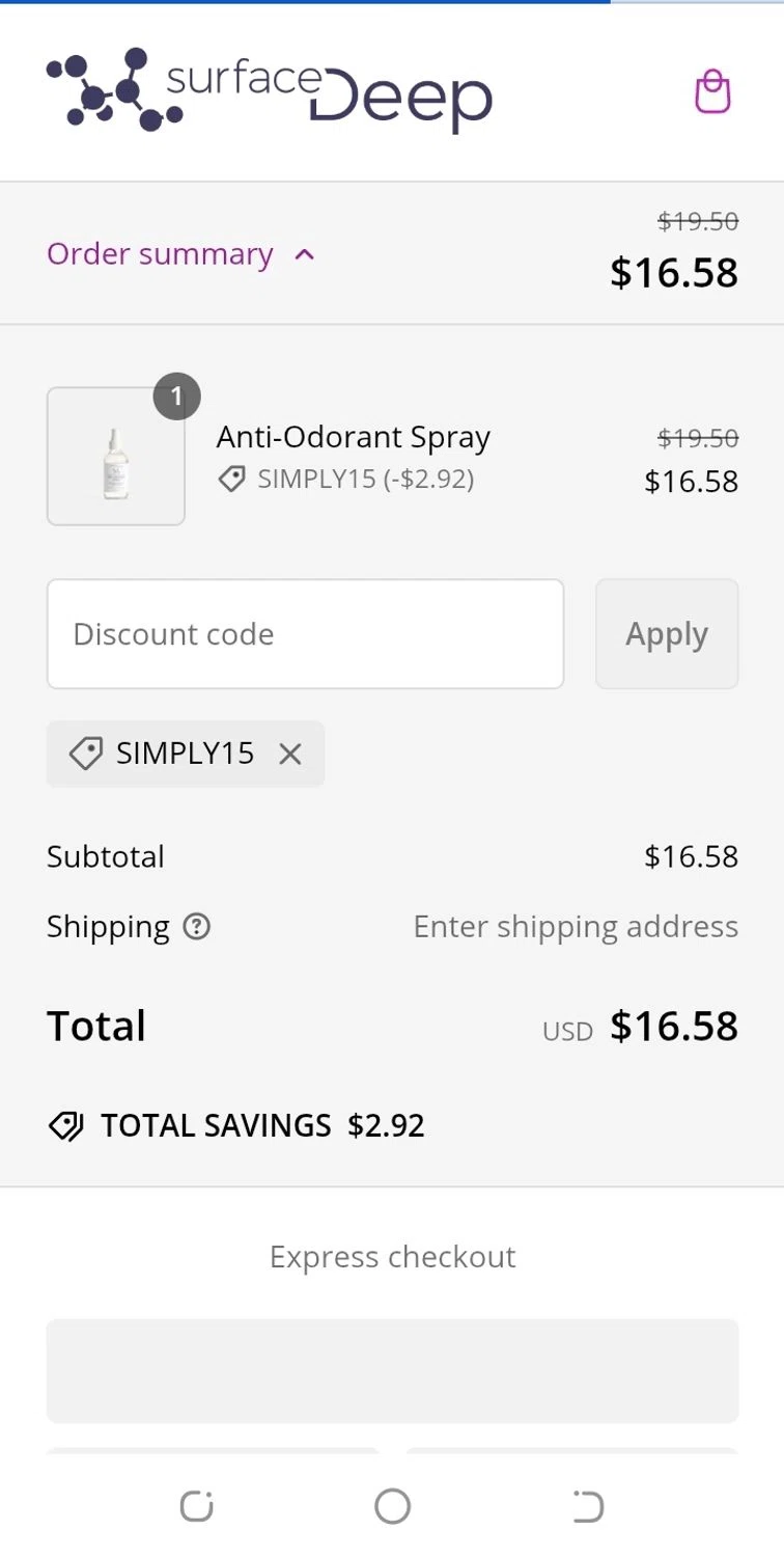Surface Deep promo code screenshot showing code SIMPLY15 applied at Surface Deep checkout page. Uploaded by SimplyCodes community member aguirremariagabriela on Feb 17, 2025