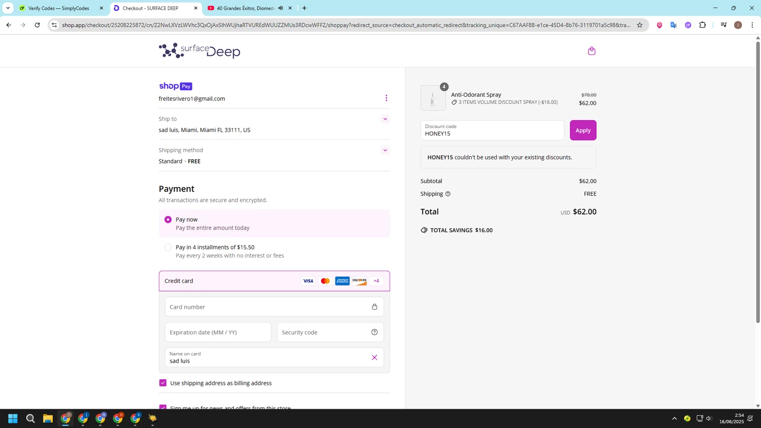 Surface Deep promo code screenshot showing code HONEY15 applied at Surface Deep checkout page. Uploaded by SimplyCodes community member CashSleuth106 on Jun 16, 2025