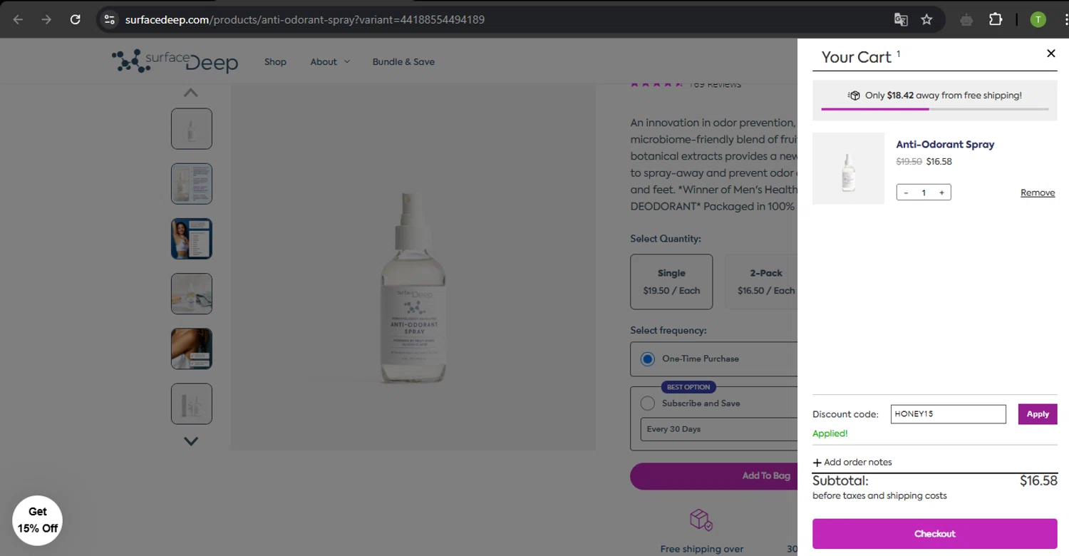 Surface Deep promo code screenshot showing code HONEY15 applied at Surface Deep checkout page. Uploaded by SimplyCodes community member SavvyNavigator1720 on Apr 19, 2025