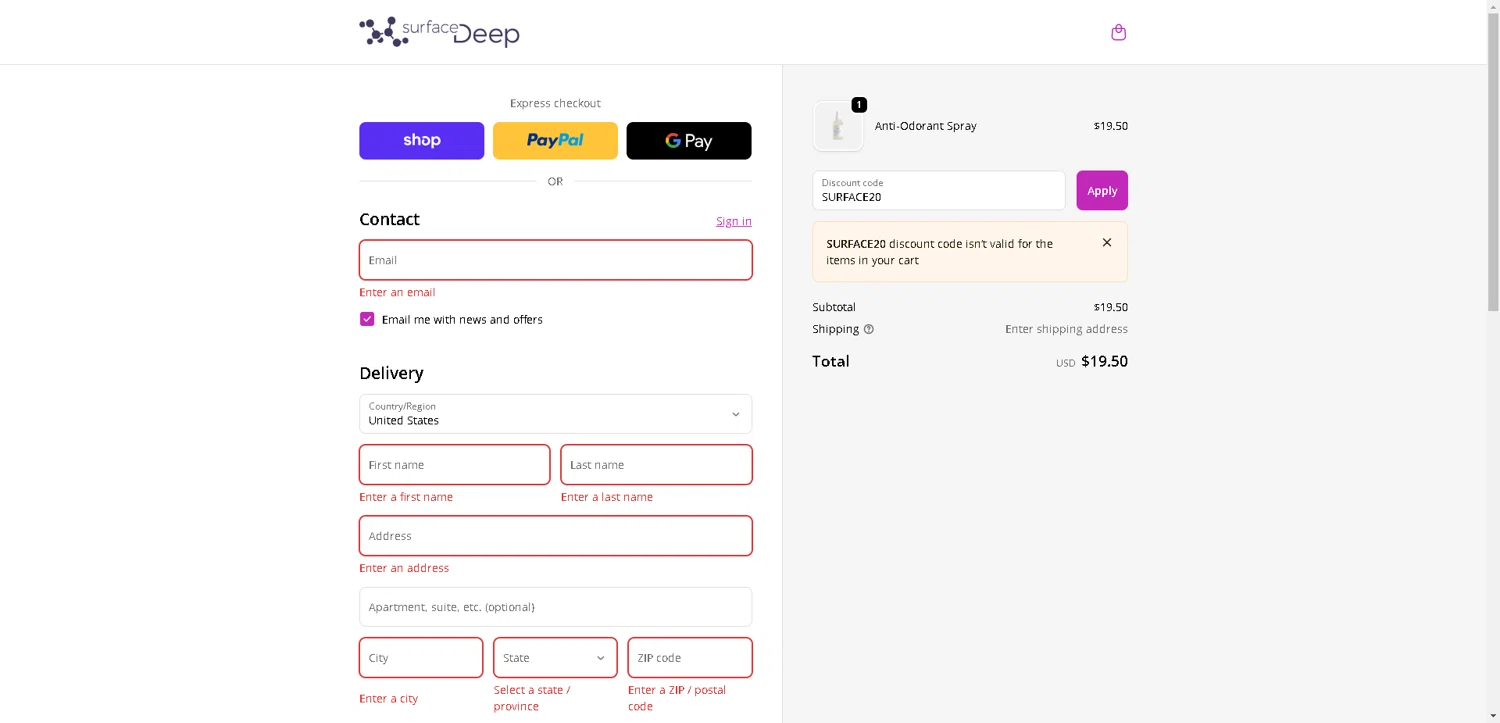 Surface Deep promo code screenshot showing code SURFACE20 applied at Surface Deep checkout page. Uploaded by SimplyCodes community member BargainCurator5453 on Nov 10, 2025