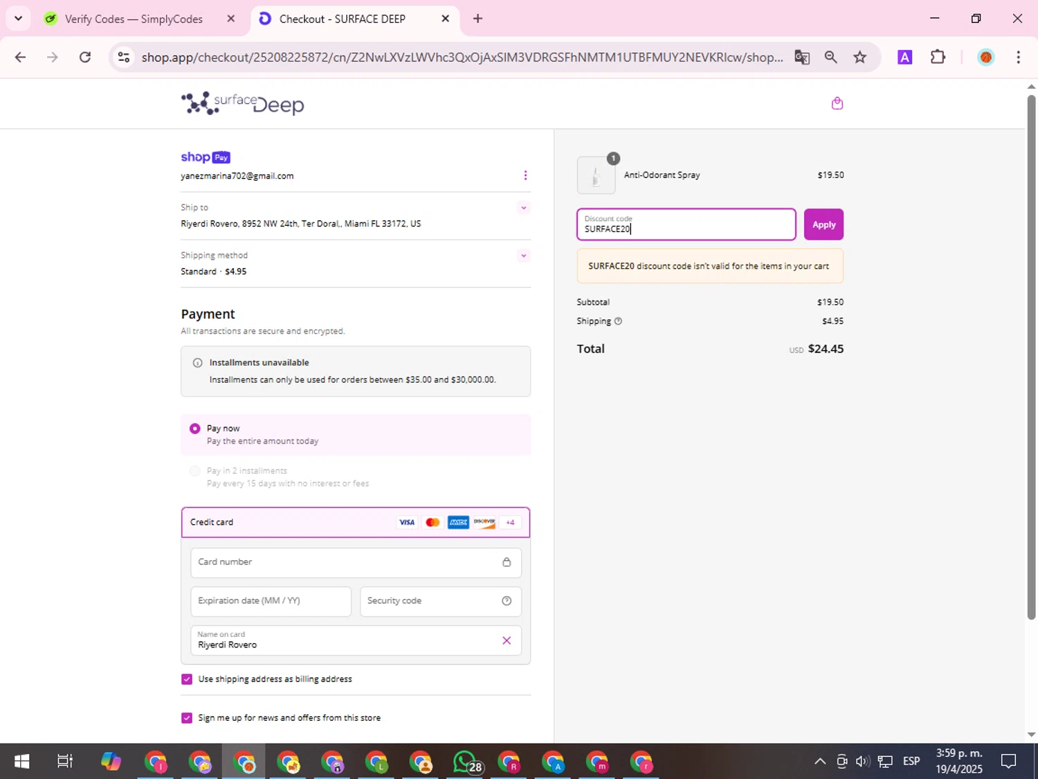 Surface Deep promo code screenshot showing code SURFACE20 applied at Surface Deep checkout page. Uploaded by SimplyCodes community member ShieldDefender9117 on Apr 19, 2025