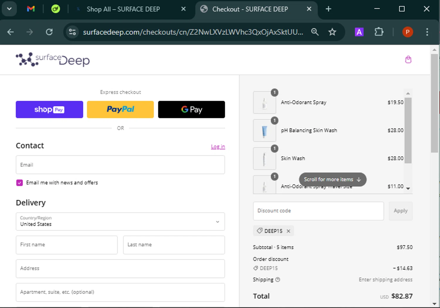 Surface Deep promo code screenshot showing code Deep15 applied at Surface Deep checkout page. Uploaded by SimplyCodes community member Isabelle_adjanichamber on Feb 11, 2025