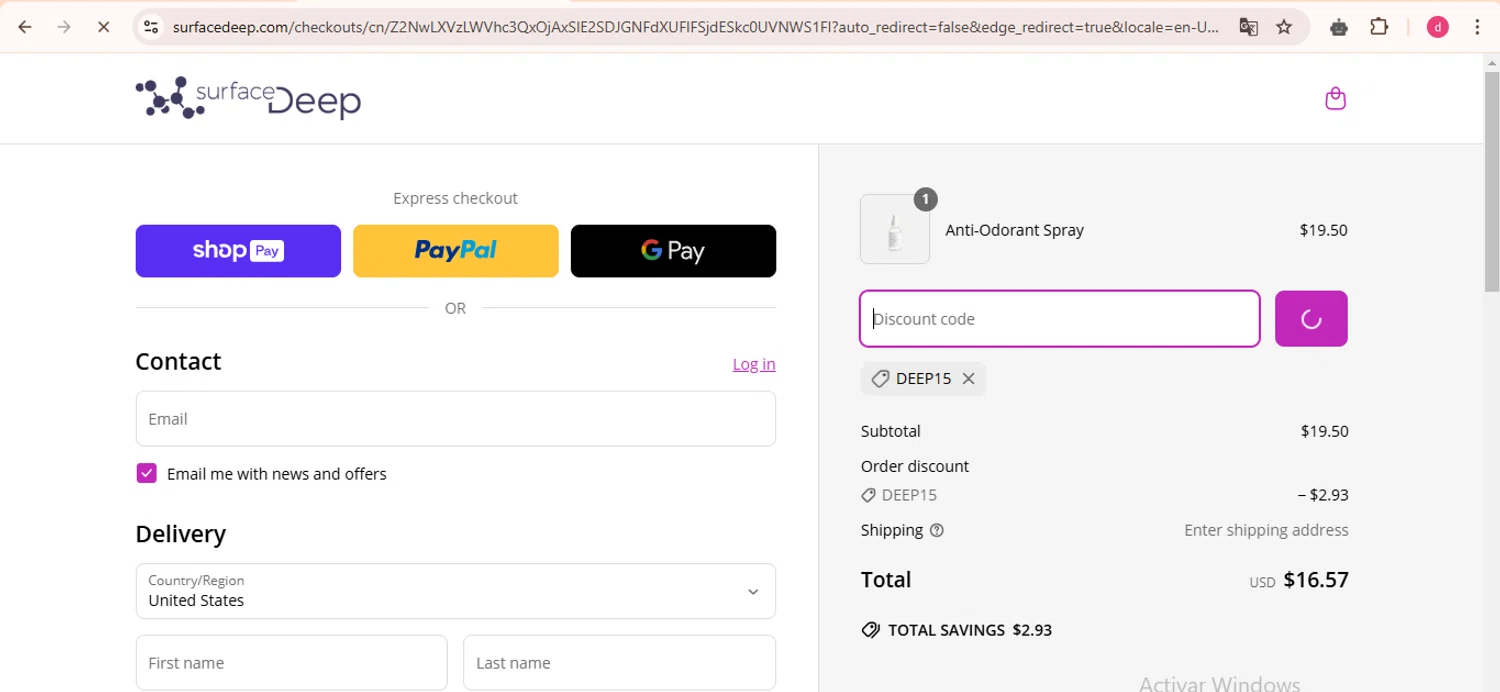 Surface Deep promo code screenshot showing code Deep15 applied at Surface Deep checkout page. Uploaded by SimplyCodes community member LegendaryHunter6399 on Mar 25, 2025