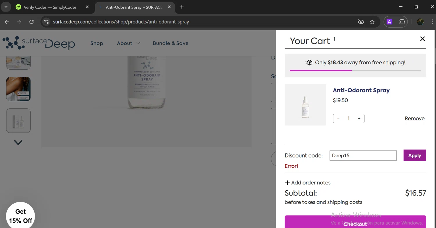 Surface Deep promo code screenshot showing code Deep15 applied at Surface Deep checkout page. Uploaded by SimplyCodes community member GloriousTitan3094 on Feb 11, 2025