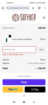 Surface Hair coupon verification screenshot