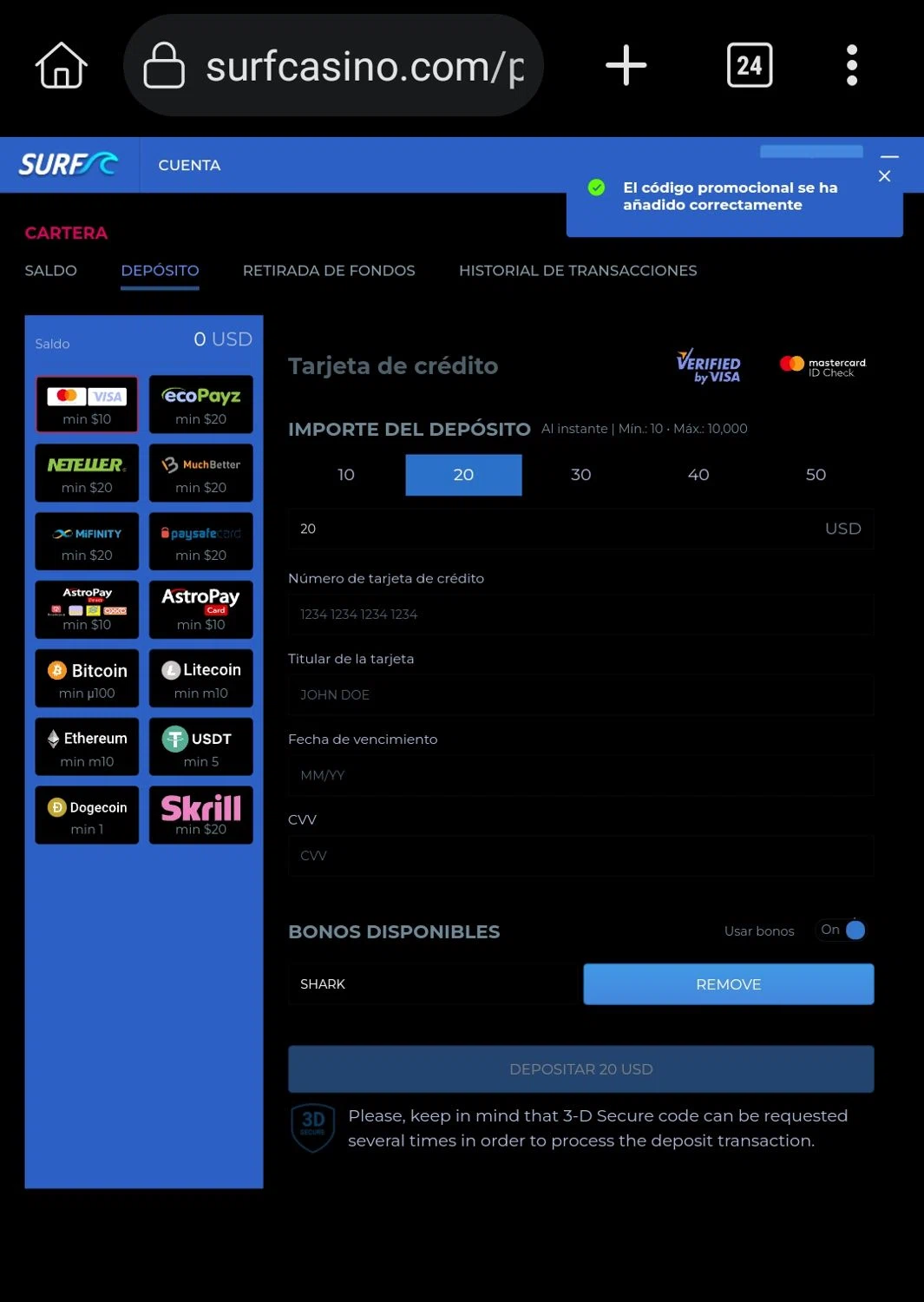 Surf Casino checkout page showing Surf Casino promo code box | Screenshot taken by SimplyCodes community member on Mar 10, 2024