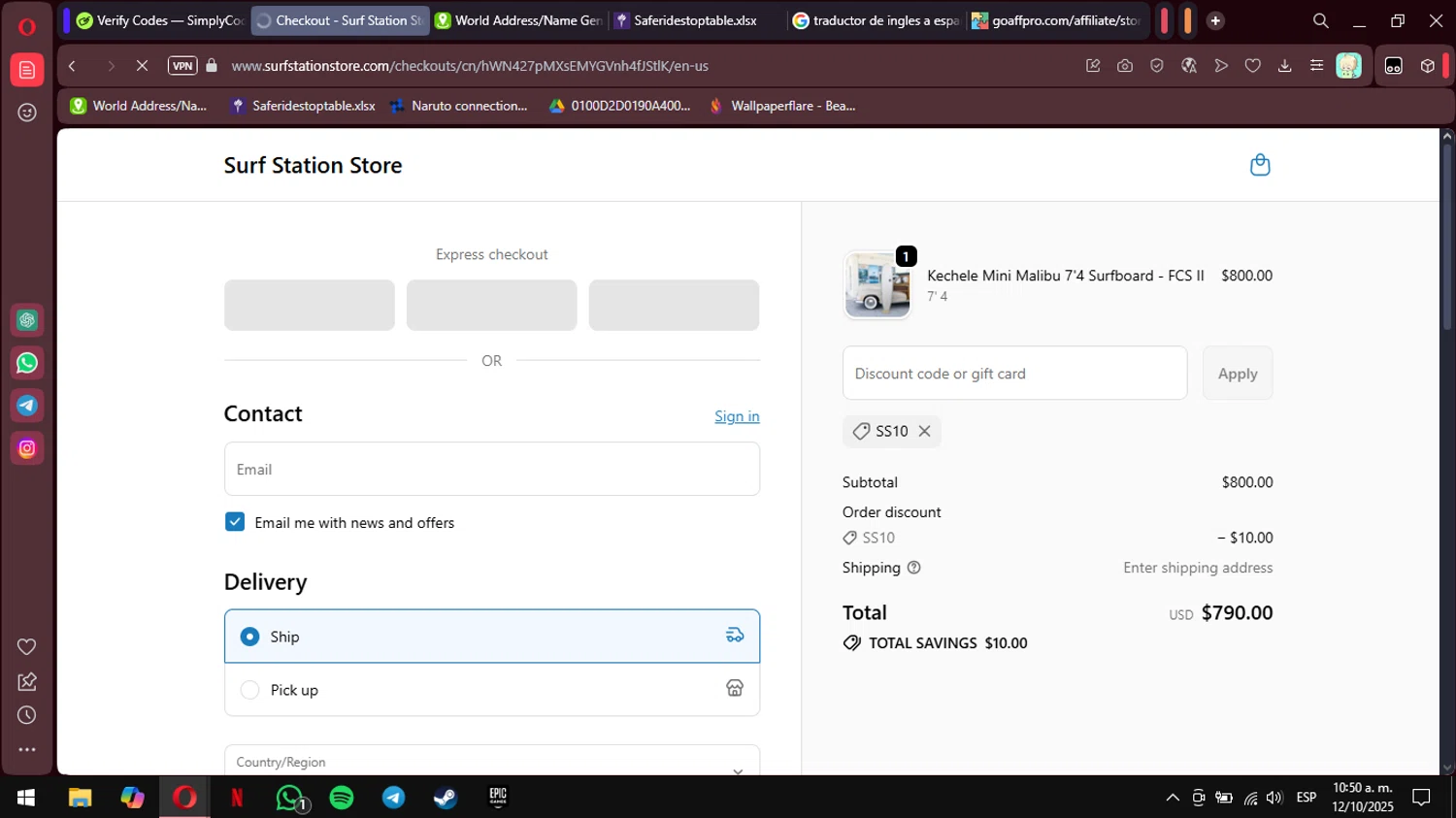 Surf Station promo code screenshot showing code SS10 applied at Surf Station checkout page. Uploaded by SimplyCodes community member MimusukyNara on Oct 12, 2025