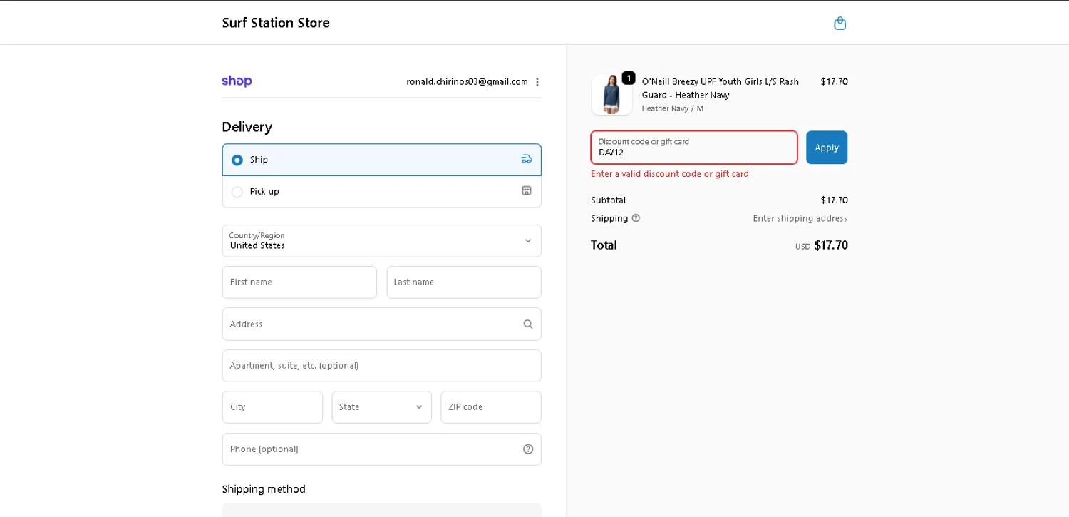 Surf Station promo code screenshot showing code DAY12 applied at Surf Station checkout page. Uploaded by SimplyCodes community member PennySage5996 on Dec 30, 2025