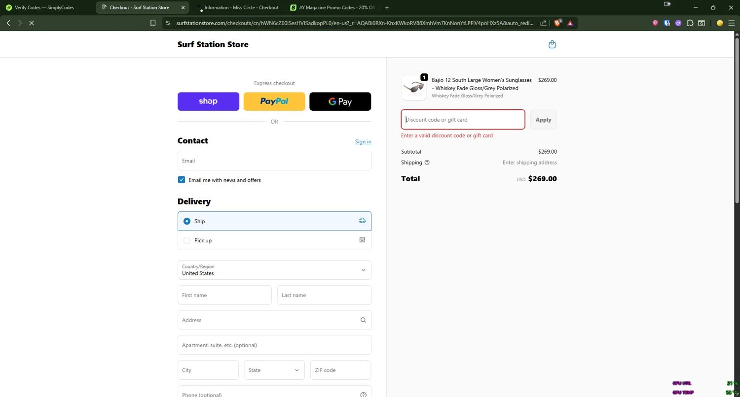 Surf Station promo code screenshot showing code DAY6 applied at Surf Station checkout page. Uploaded by SimplyCodes community member Lorencia on Dec 19, 2025