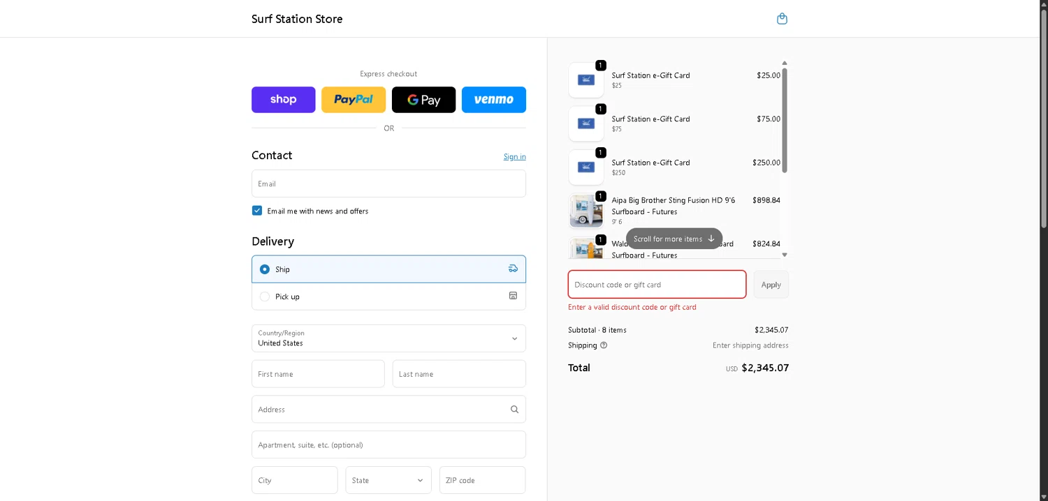 Surf Station promo code screenshot showing code DAY6 applied at Surf Station checkout page. Uploaded by SimplyCodes community member PrimeSentinel4675 on Dec 19, 2025