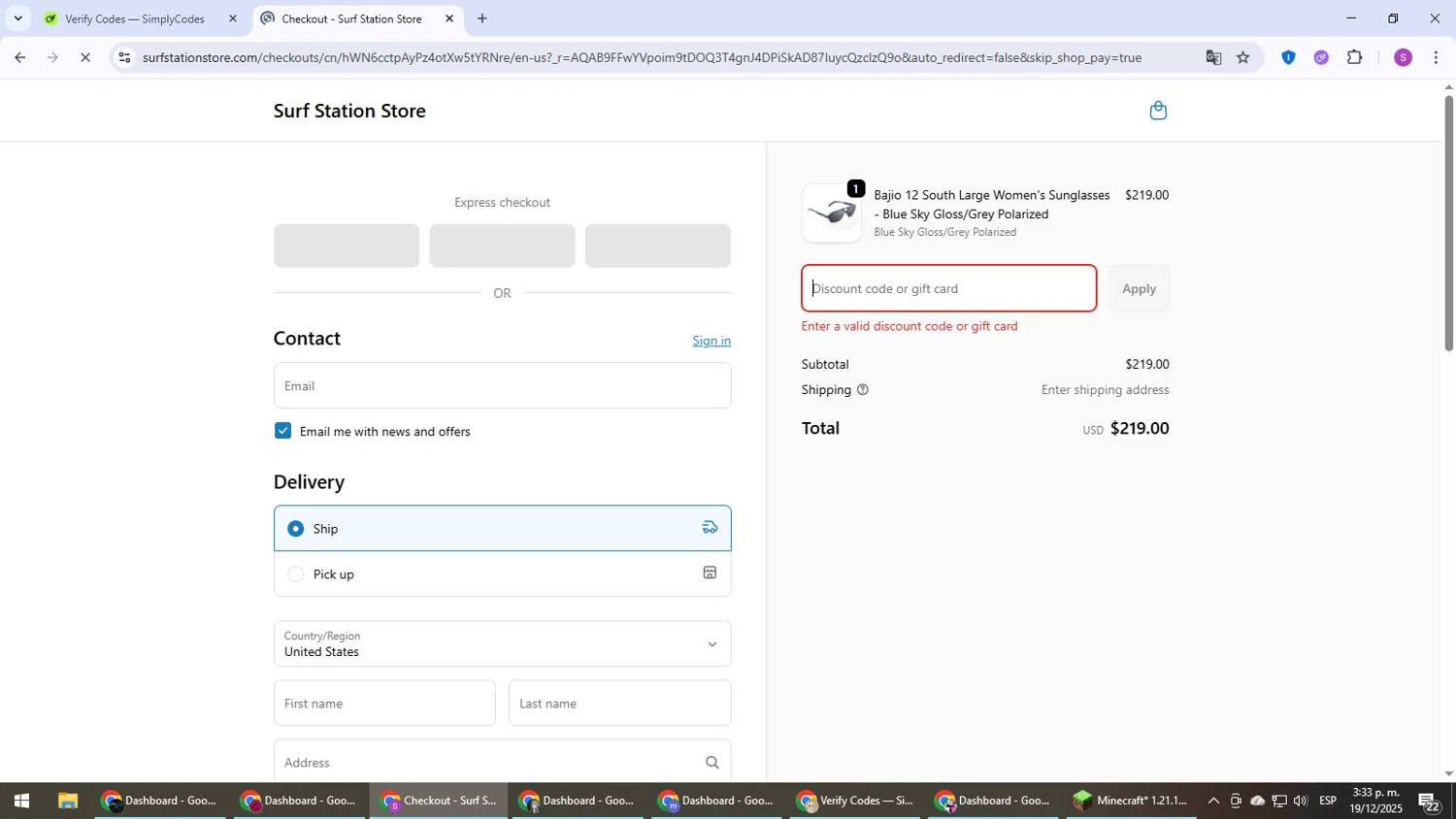 Surf Station promo code screenshot showing code DAY6 applied at Surf Station checkout page. Uploaded by SimplyCodes community member Son_Goku on Dec 19, 2025