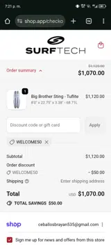 WELCOME50 coupon verification screenshot