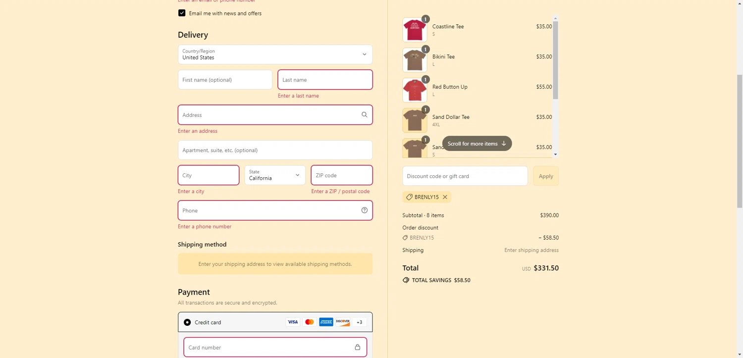 Surf Trip Supply discount code screenshot showing code BRENLY15 applied at Surf Trip Supply checkout page. Uploaded by SimplyCodes community member NobleMaestro6498 on Sep 7, 2025