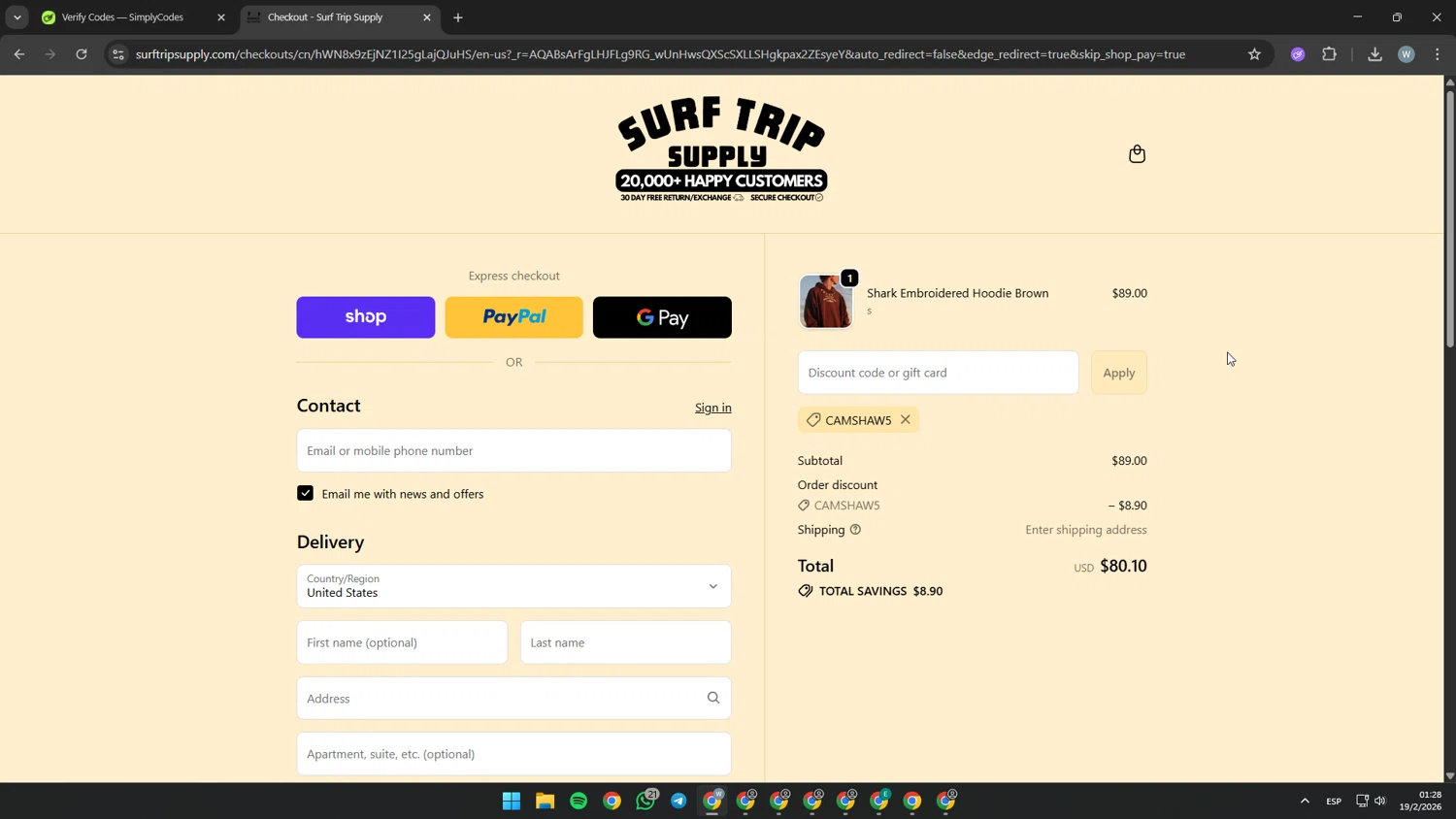 Surf Trip Supply checkout page showing Surf Trip Supply discount code box | Screenshot taken by SimplyCodes community member on Feb 19, 2026