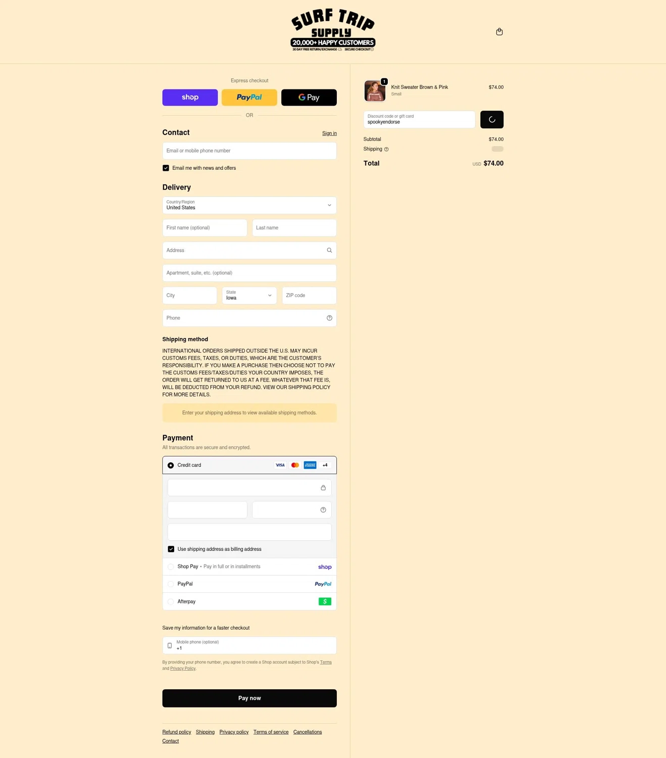 Surf Trip Supply discount code screenshot showing code spookyendorse applied at Surf Trip Supply checkout page. Uploaded by SimplyCodes community member LOgoter on Feb 11, 2026