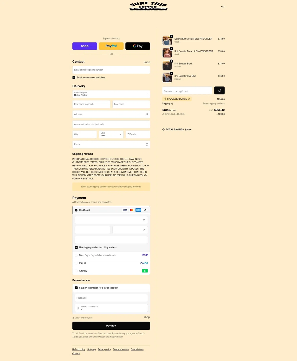 Surf Trip Supply discount code screenshot showing code spookyendorse applied at Surf Trip Supply checkout page. Uploaded by SimplyCodes community member LOgoter on Dec 30, 2025
