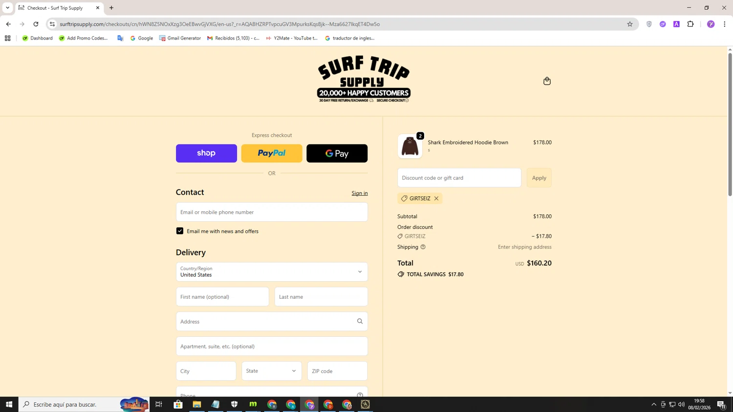 Surf Trip Supply discount code screenshot showing code girtseiz applied at Surf Trip Supply checkout page. Uploaded by SimplyCodes community member CouponSentinel5832 on Feb 8, 2026