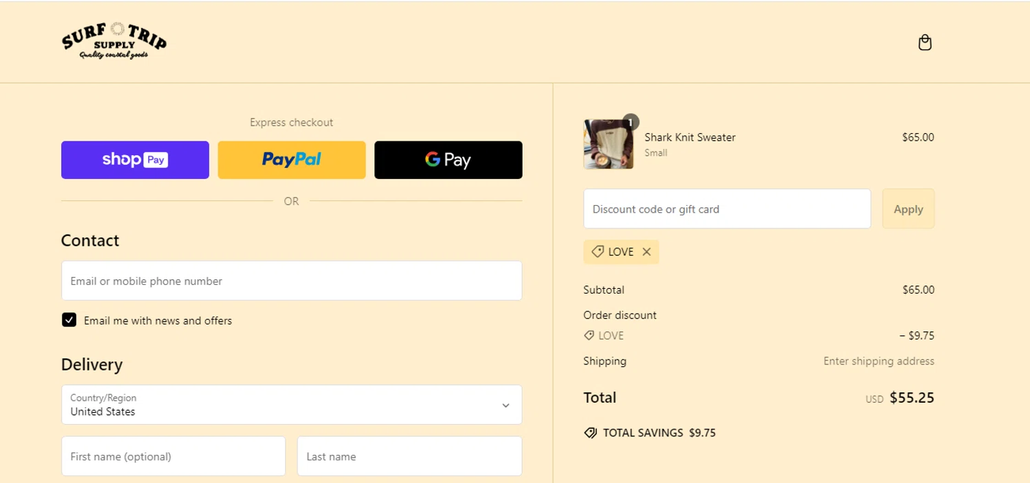 Surf Trip Supply discount code screenshot showing code love applied at Surf Trip Supply checkout page. Uploaded by SimplyCodes community member shark12 on Feb 15, 2025