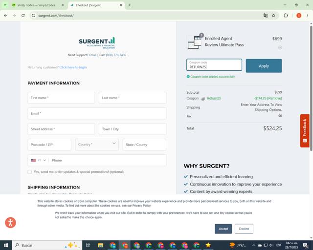 Surgent Accounting & Financial Education checkout page showing Surgent Accounting & Financial Education promo code box | Screenshot taken by SimplyCodes community member on Jul 28, 2025