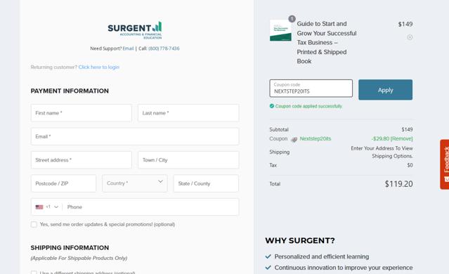 Surgent Accounting & Financial Education checkout page showing Surgent Accounting & Financial Education promo code box | Screenshot taken by SimplyCodes community member on Jul 28, 2025
