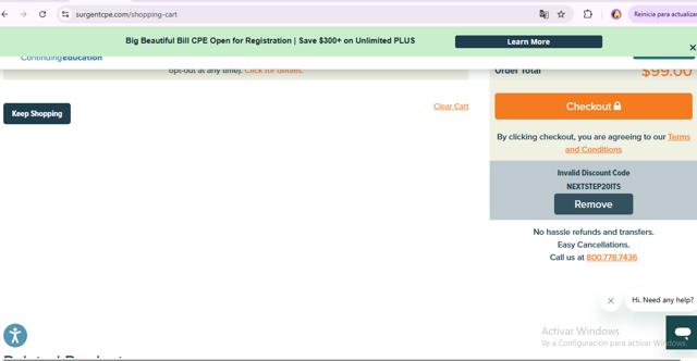Surgent Accounting & Financial Education checkout page showing Surgent Accounting & Financial Education promo code box | Screenshot taken by SimplyCodes community member on Aug 26, 2025