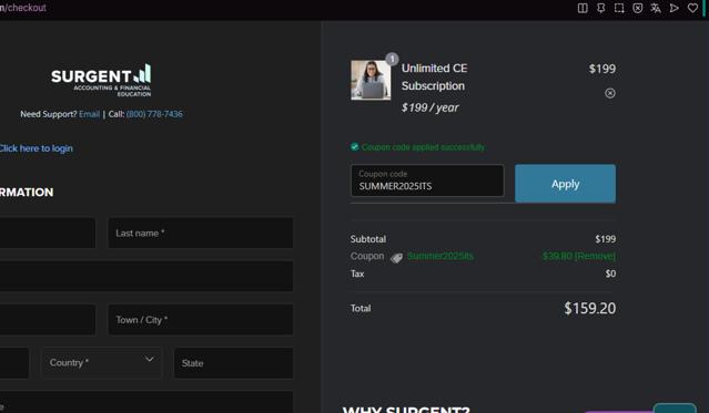 Surgent Accounting & Financial Education checkout page showing Surgent Accounting & Financial Education promo code box | Screenshot taken by SimplyCodes community member on Jul 23, 2025