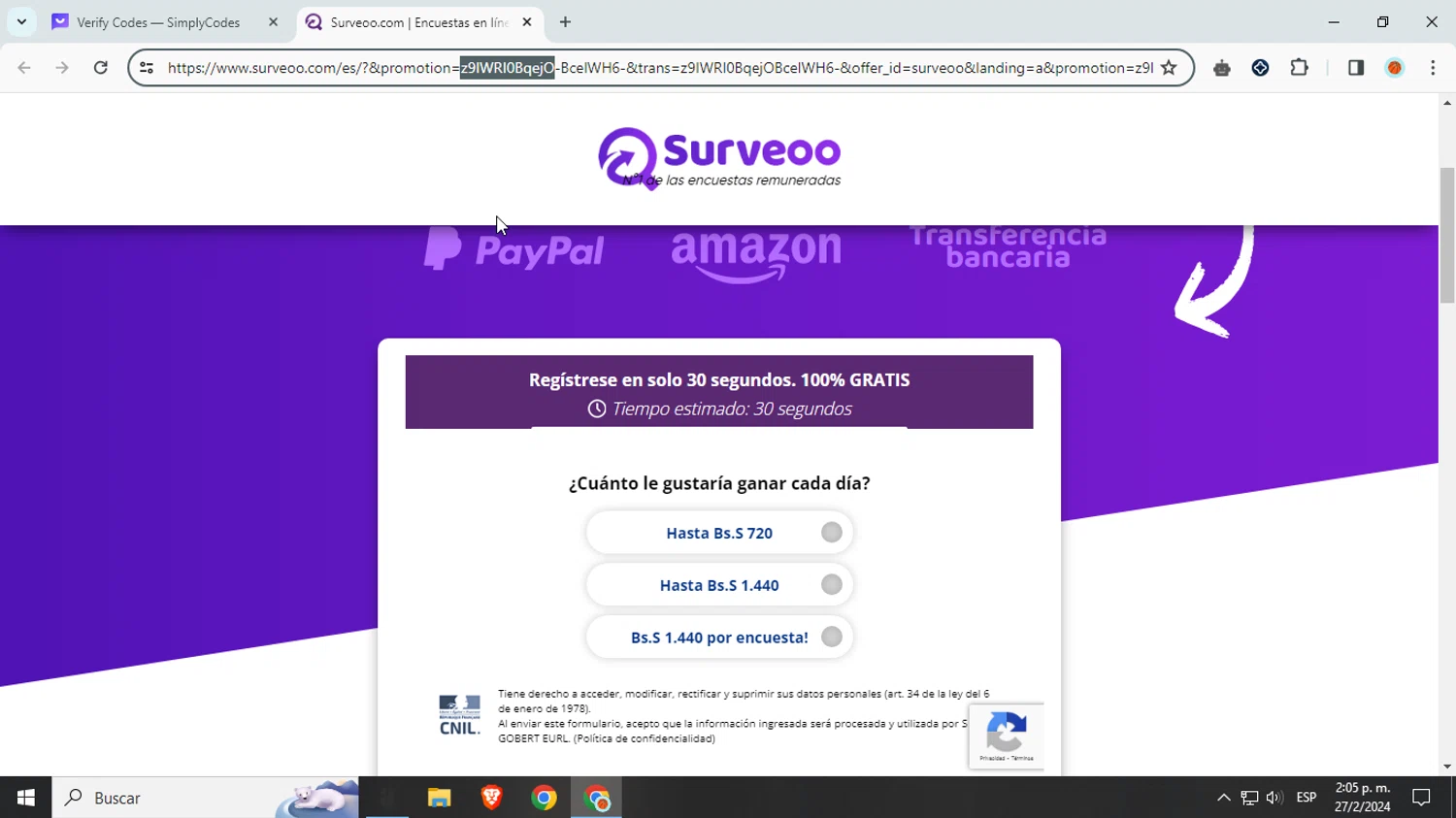 Surveoo checkout page showing Surveoo promo code box | Screenshot taken by SimplyCodes community member on Feb 27, 2024