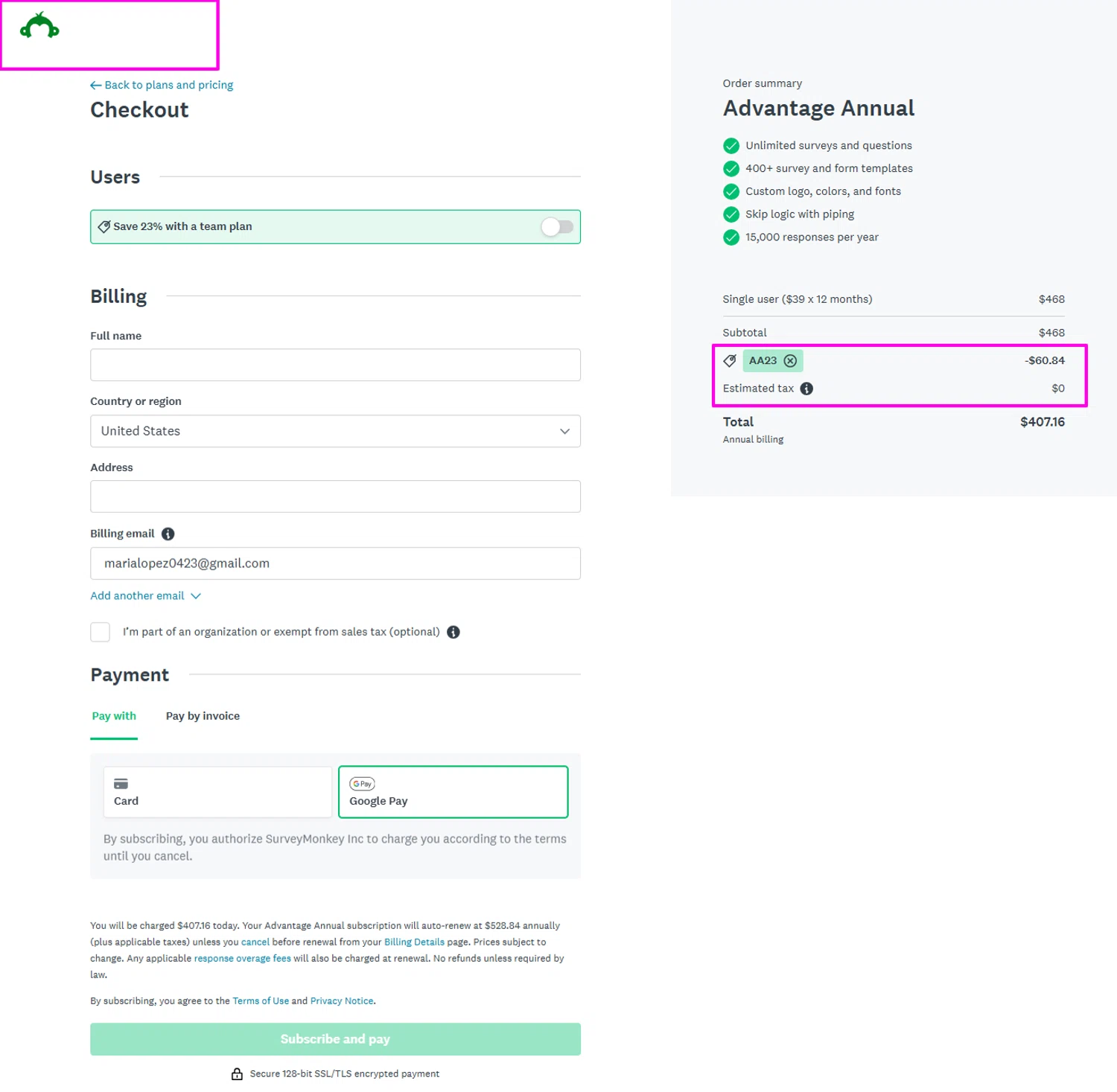 SurveyMonkey promo code screenshot showing code AA23 applied at SurveyMonkey checkout page. Uploaded by SimplyCodes community member mrdarcy on Dec 4, 2025