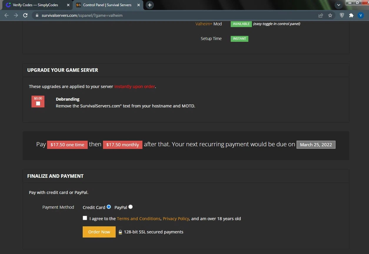 Survival Servers checkout page showing Survival Servers promo code box | Screenshot taken by SimplyCodes community member on Feb 25, 2022