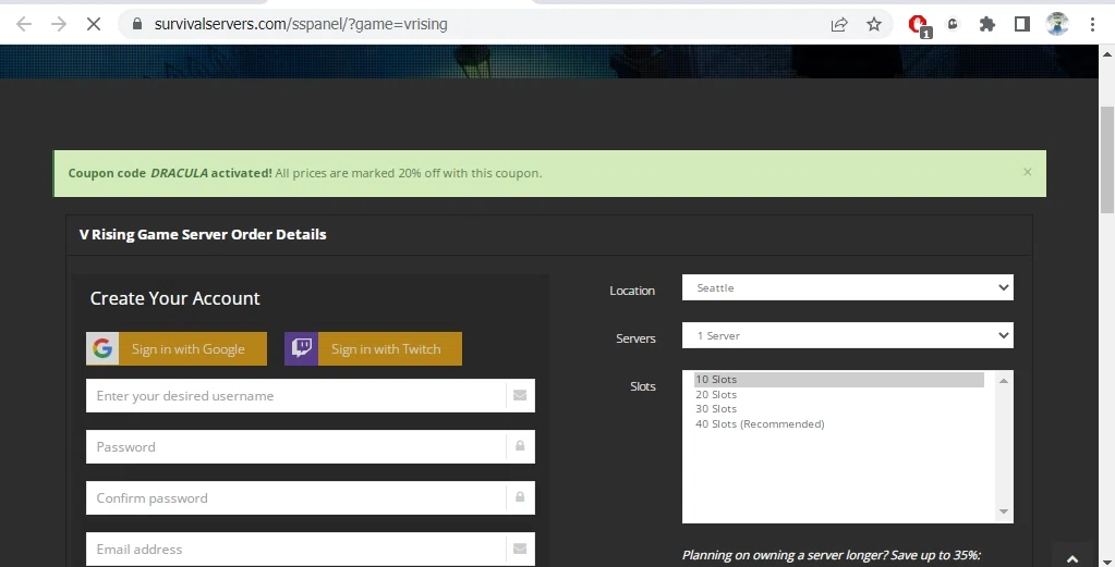 Survival Servers checkout page showing Survival Servers promo code box | Screenshot taken by SimplyCodes community member on May 19, 2022