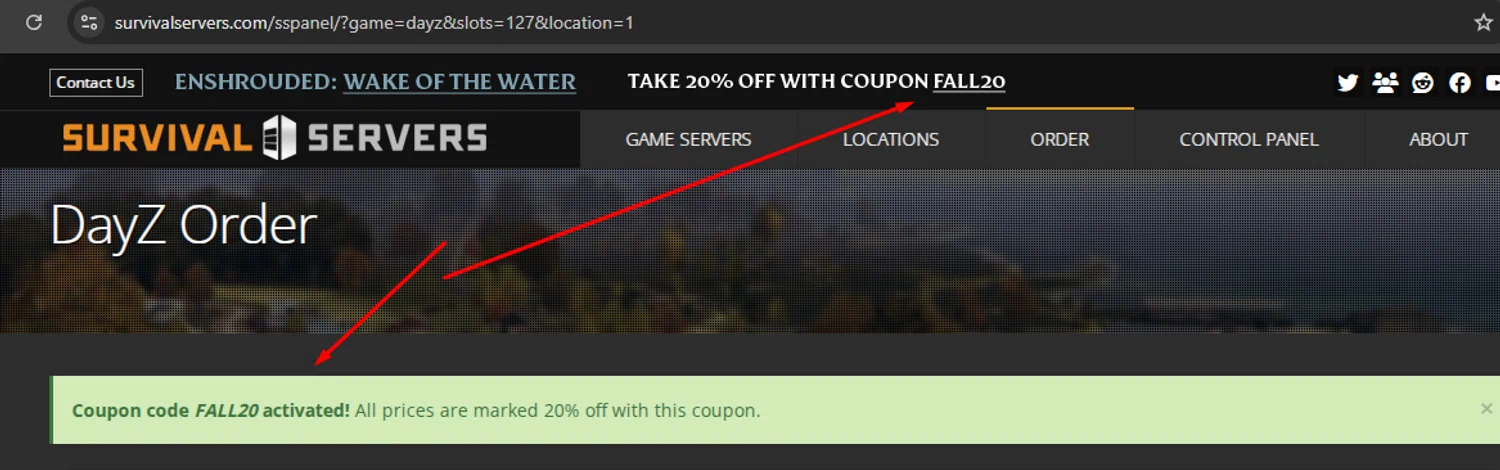 Survival Servers promo code screenshot showing code FALL20 applied at Survival Servers checkout page. Uploaded by SimplyCodes community member argenygalvez on Nov 12, 2025