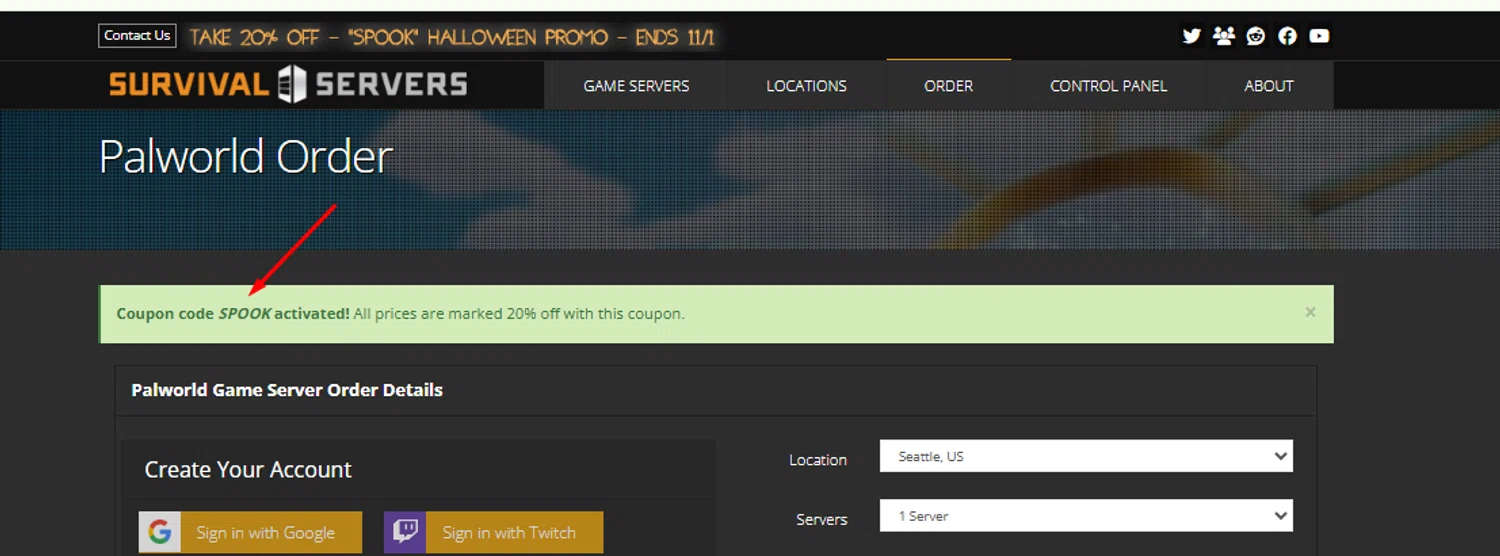 Survival Servers promo code screenshot showing code SPOOK applied at Survival Servers checkout page. Uploaded by SimplyCodes community member carlosrivero on Oct 13, 2025