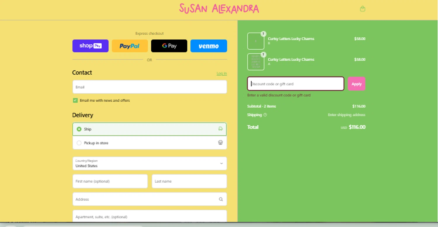 Susan Alexandra discount code screenshot showing code HBD2YOU_ERSMECE5Z039 applied at Susan Alexandra checkout page. Uploaded by SimplyCodes community member OsbelSanchez23 on Mar 15, 2025