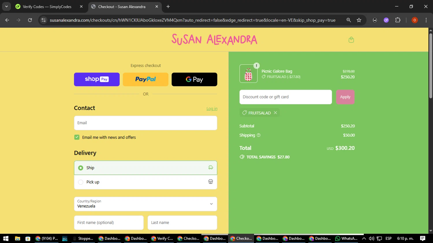 Susan Alexandra discount code screenshot showing code FRUITSALAD applied at Susan Alexandra checkout page. Uploaded by SimplyCodes community member CleverSpotter3730 on Jul 29, 2025